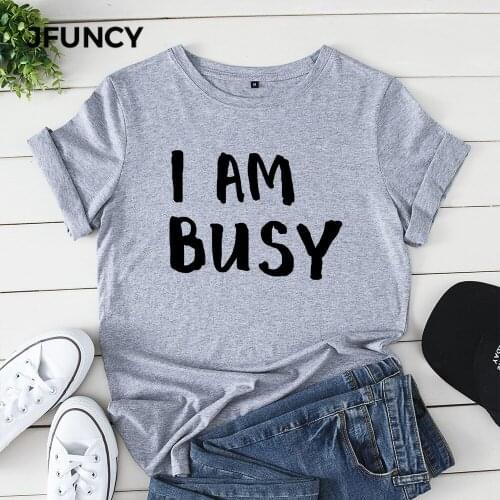 JFUNCY Plus Size 100% Cotton Summer Tshirt I AM BUSY Letter Printed Women T-Shirt Short Sleeve Woman Tee Tops Female T Shirt