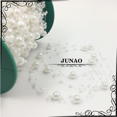 JUNAO 20 Meter 3+8mm White Pearl Beads Chain Rhinestones Trim Pearls String Crystals Applique for Wedding Dress Clothes