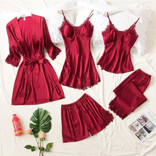 Bride Bridesmaid Wedding Robe Set 5PCS Sexy Satin Lace Kimono Gown Strap Top&Pants Pajamas Suit Loose Loungewear With Chest Pads