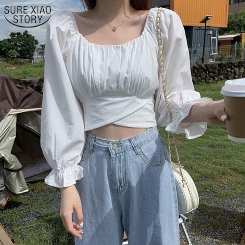Korean Chic Long Sleeve Womens Shirt Short Slim Slash-neck Fashion Top Female Streetwear Womens Blouse 2021 Summer New 12927