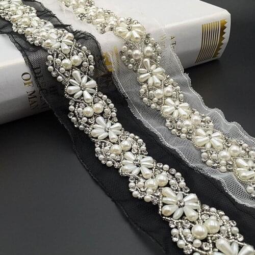 2yds Pearl Beaded Rhinestone Flower Embroidery Mesh Lace Trim Ribbon For DIY Sewing Garments Applique Wedding Dress Accessories