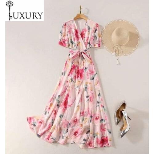 Summer Sweet Pink 2020 Style Women V-Neck Charming Flower Print Short Sleeve Split Large Swing Sexy Casual Sun Dress