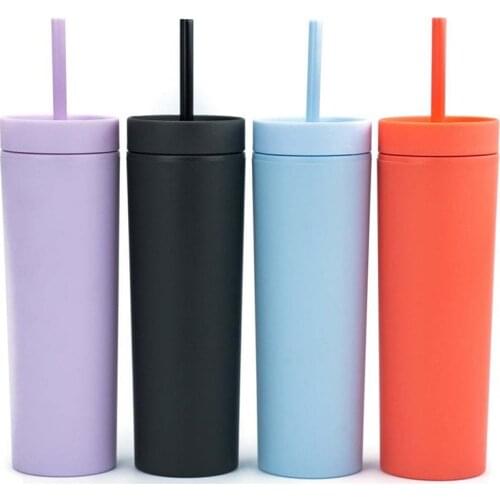 450ml 16oz Water Bottle Reusable double wall matte finish reusable skinny plastic coffee cup mugs double wall tumbler with straw