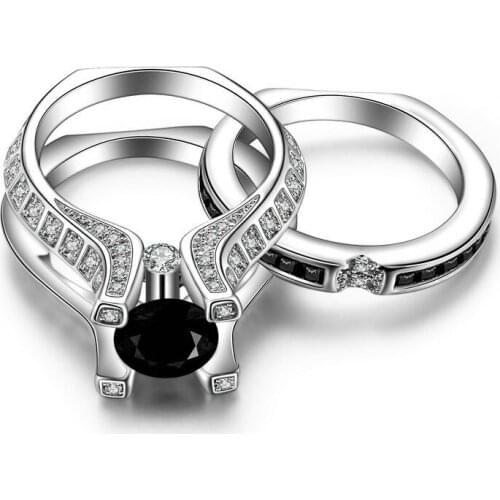Classic White Gold Black CZ Wedding Ring Set Fashion Black Gems Crystal Cocktail Ring Christmas Gift for Women Jewelry