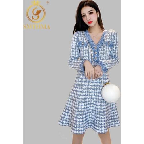 2020 New Winter Sexy V-neck Elegant Houndstooth Knitting Dress Long-sleeved High Waist Tassel Trim Ladies Fashion Chic Dress