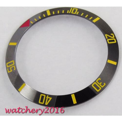 Newest Hot 38mm black ceramic bezel yellow numbers insert watch kit fit automatic movement luminous marks Mens watch bezel