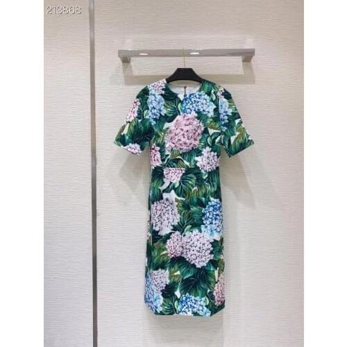 Newest 2021 Summer Fashion Runway Elegant Knee-Length Dress Women Short Sleeves Flowers Print Boho Holiday Party Dress