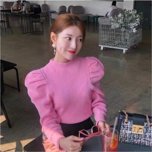 Autumn Winter New Arrivals Women Puff Long Sleeve Korean Ruched Sweater Womens Candy Color Oversize Pullover Knitted Sweaters