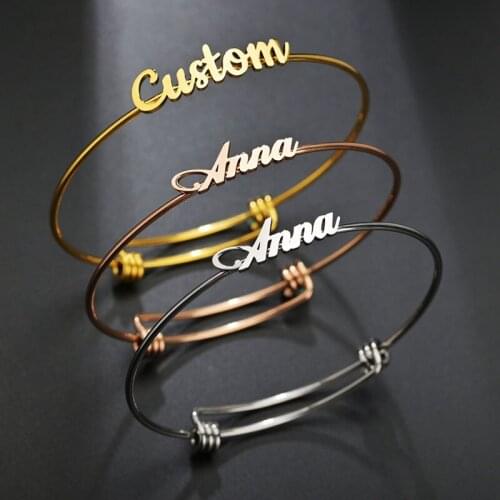 Personalized Customized Name Stainless Steel Nameplate Bangle Bracelets Charm Adjustable For Women Family Birthday Gifts Jewelry