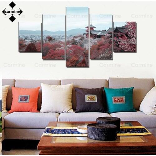 Japanese Temple Landscape Pictures On Canvas 5 Pieces Art Red Cedar Tree Oil Painting Print Poster for Home Decoration Frameless