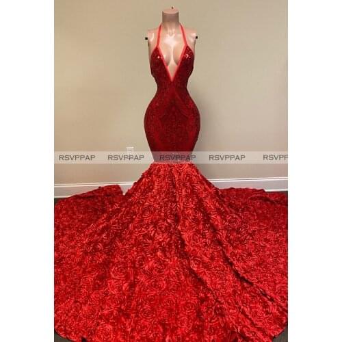 African Girl Red Mermaid Prom Dresses 2021 Real Pictures Sexy Deep V-neck Backless Glitter Sequin 3D Flowers Long Prom Gowns