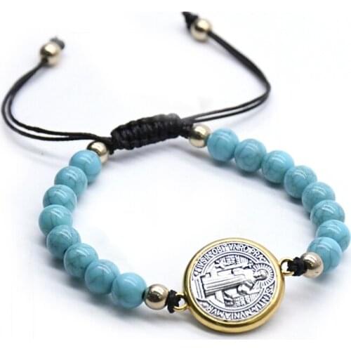 Adjustable Chain Rosary Beaded Bracelet Saint Benedict Icon Pendant Bracelet Religious Catholic Christ Paryer Blessing Jewelry