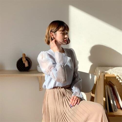 RUGOD 2021 spring puff sleeve solid color transparent double-layer shirt women