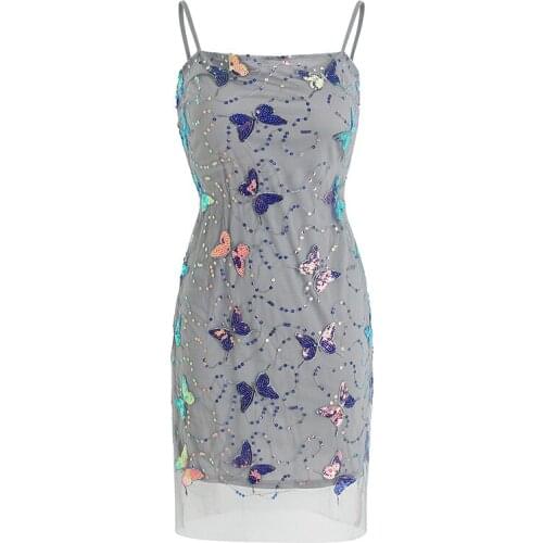 Sexy Dress Sequin Butterfly Embroidery Mesh Patchwork Spaghetti Strap Mini Dress Summer Sleeveless Slim Vestidos 726