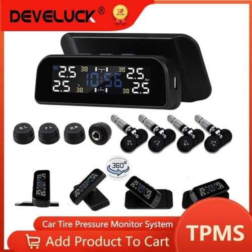 New TPMS with Clock Solar Power tpms Car Tire Pressure Alarm 360 Adjustable Monitor Auto Security System Tyre Pressure Warning