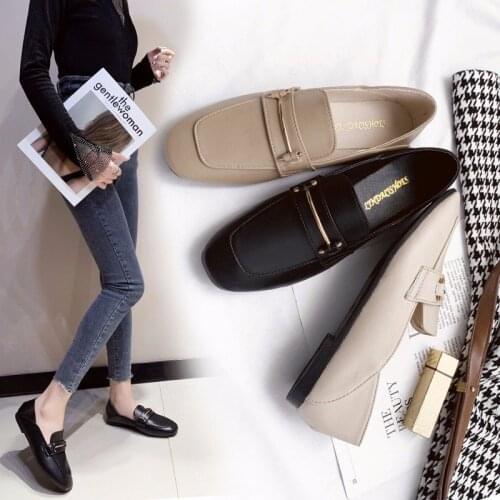 Flat Square Toe Single Shoes Female British Retro Style Womens Shoes Work Shoes Black Soft Leather Small Shoes Spring