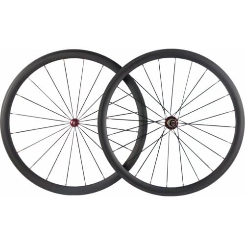 Stock 700c Carbon Road Bike Wheel Front:35mm Rear:38mm Tubeless Ready Powerway R36 Red Straight Pull Hub