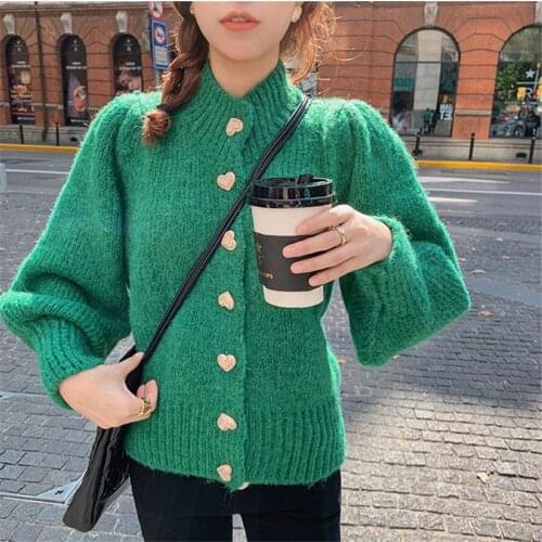 Knitted Cardigan Coat Women 2021 Autumn Winter New Sweet Love Button Puff Sleeve Green Slim Sweater Jacket Female JD1606