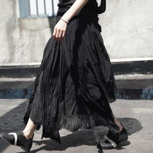 Cakucool New Asymmetric Linen Skirt Women Gothic Broken Ripped Rough selvedge Pleated Novelty Goth Japanese Mid Long Skirt Black