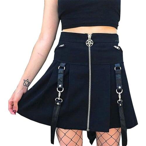 Sexy Womens High Waist A-line Gothic Short Skirt Five-pointed Star Zipper Belt Stitching Solid Color Dancing Mini Pleated Skirt