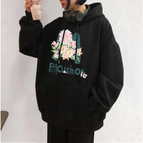Fashion Womens Sweatshirt Hoodies Autumn Floral Rose Print Thick Hooded Tops Clothing Oversized Hoodie for Female