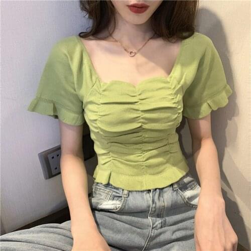 Women Shirts Sweet Square Neck Short-sleeved Tops Sexy Slim Bottoming Shirt Lantern Sleeve Temperament Knitted Short Sleeves