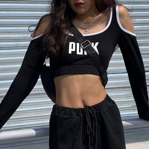2021 New Women Sexy Off-the-shoulder Pullover Black Letters Printed Pattern Long Sleeve Crop Tops S/ M/ L
