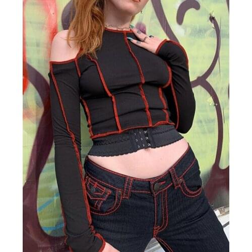 Womens Sexy Slim Black Crop Top T-Shirts Stylish Ladies Patchwork Cold Shoulder Long Sleeve Crew Neck T-Shirt Autumn Spring Top