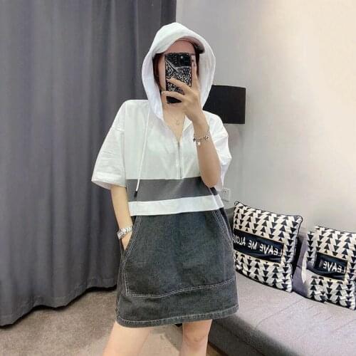 Fashion Women Dresses 2021 New Summer Dress Large Size Loose Splicing Hooded Womens Denim Dress Casual Hoodie Sportswear