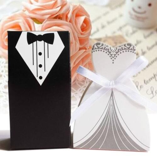 100pcs Wedding Favor Candy Box Bride & Groom Dress Tuxedo Party w/ Ribbon Gifts Bag Souvenirs DIY Wedding Favours Paper Gift