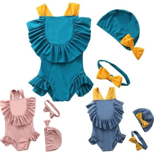 2021 Baby Girl Swimsuit One Piece Kids Girls Swimwear for 1-6Years Fashion Children Swimming Suit 3Pcs Ruffled Bow Beachwear