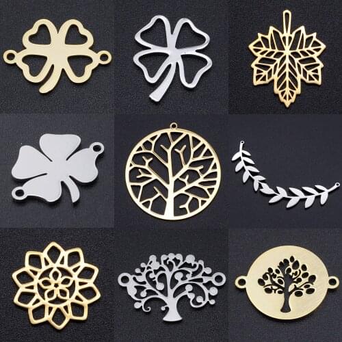 5pcs/lot Maple Leaf DIY Charms Wholesale 100% Stainless Steel Lucky Clover Connectors Charm Tree of Life Jewelry Pendant