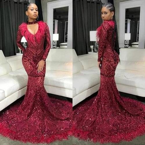 Sparkly Long Sleeves Black Girls Prom Dresses 2020 V Neck Sexy Mermaid Party Gowns Bling Bling African Evening Gowns