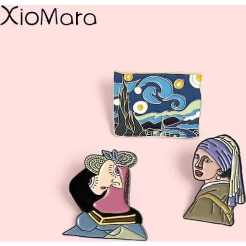 Famous Paintings Enamel Pins Pearl Girl Starry Sky Abstract Brooches Lapel Badges Art Jewelry Gifts for Friends Wholesale Pin