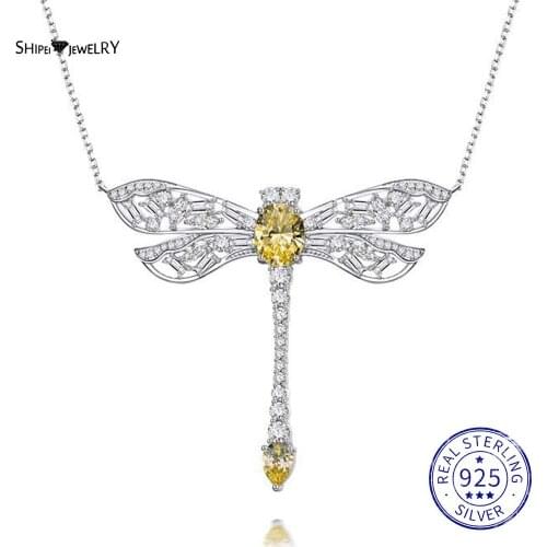 Shipei 925 Sterling Silver Created Moissanite Citrine Gemstone Luxury Dragonfly Pendant Necklace Fine Jewelry Christmas Gift