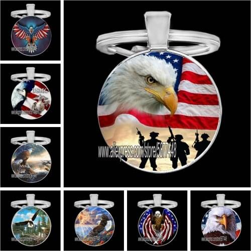 The US Flag Eagle Key Chain Handmade Classic Bald Eagle American Flag Glass Dome Key Ring Keychains