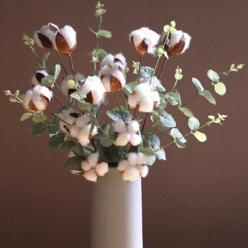 10Pcs Simulation Eucalyptus Leaf 4 Heads of Dried Cotton Flower Branch Artificial Plants Bouquet for Home Decoration Accessories
