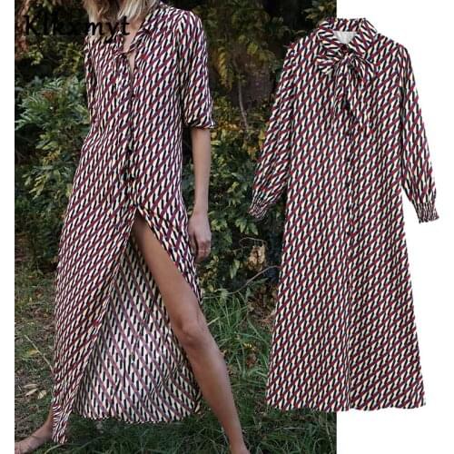 Klkxmyt Za Dress Women 2020 Chic Fashion Plaid Print Midi Dress Vintage Long Sleeve Bow Collar Female Party Dresses Vestidos