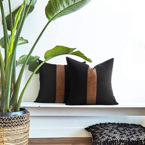 Set Of 2 Black Linen Patchwork Throw Pillow Covers For Couch Living Room Bedroom, Modern Accent Decor Square Pillow Cover