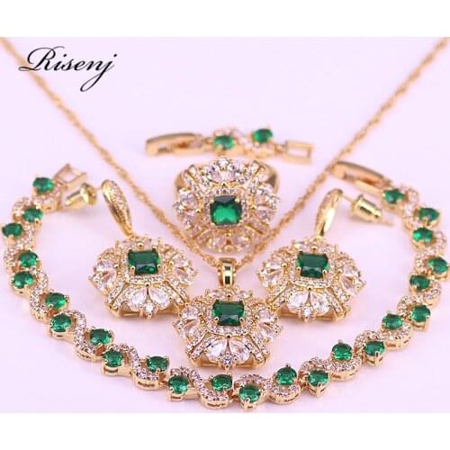 Russian Style Green Stone Square Rose Gold Jewelry For Women Stud Earrings Adjstable Ring Necklace With Bracelet Set In Store