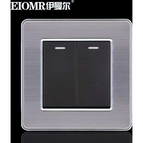 86mm EU Black Stainless Steel Metal Wire Drawing Wall Switch for Household Power Supply 2Gang 1Way Switch 250V 16A