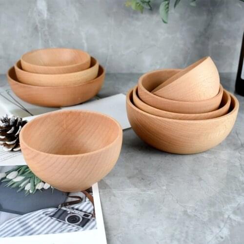 Beech Wooden Salad Bowl Soup Dining Rice Food Home Hotel School Restaurant Use Bowls Plates Storage Dishes