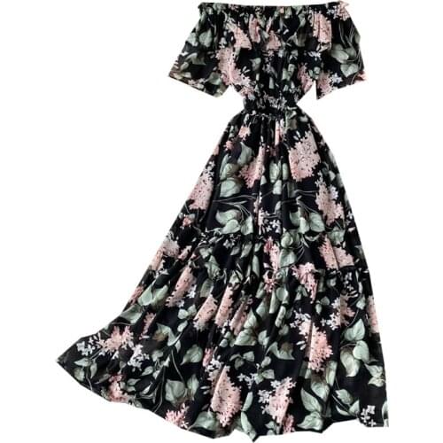 2021 New Summer Women Sexy Slash Neck Off Shoulder Beach Vacation Dress Sweet Ruffles Slim Floral Chiffon Dress