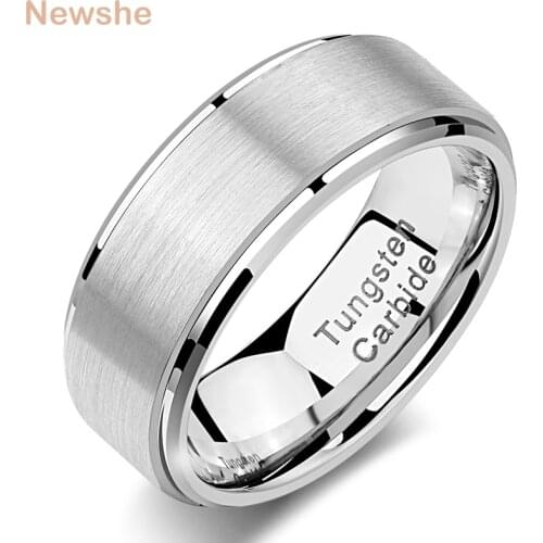 Newshe Mens Tungsten Carbide Wedding Ring 8mm Silver Color Band Charm Rings For Men Size 8-13 TRX064