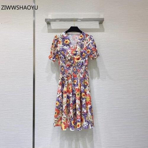 ZIWWSHAOYU Summer Fashion Women Knee-Length Dress V-Neck Short Sleeve Folds High Waist Slim Floral Printing Elegant Dresses