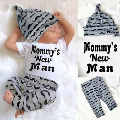 Pudcoco 3PCS Set Newborn Baby Boy Clothes Lovely Mommys New Man Mustache Print Bodysuit Tops Long Pants Hat Outfits 0-18M