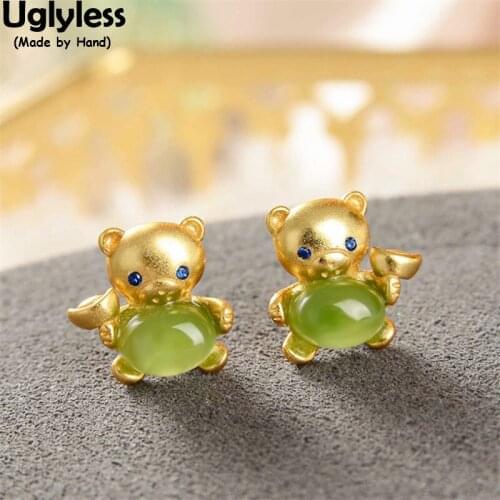 Uglyless Creative Animals Lovely Bears Studs Earrings for Women Natural Jasper green Jade Earrings MINI Bear Brincos 925 Silver