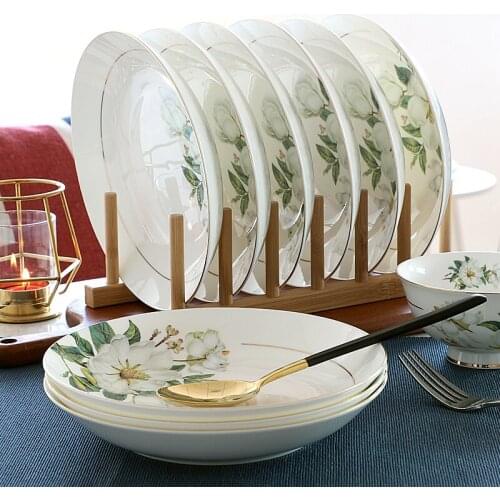 Bone China Plate 4/6pcs Sets Household Ceramic Dinner Vegetable Dishes 8-inch Round Deep Plate European Pastoral Tableware