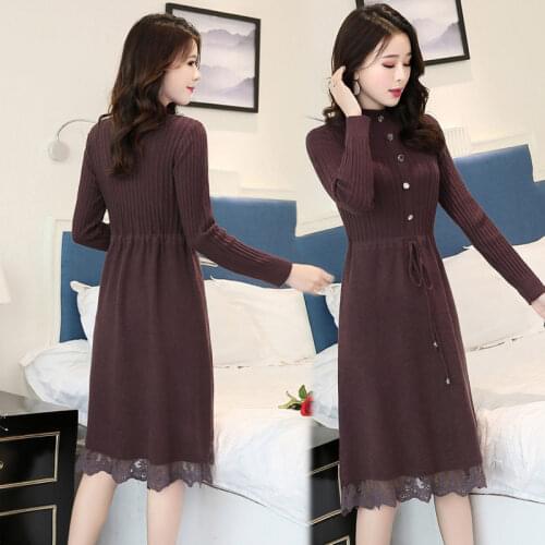 Knitted Dress 2020 New Loose Medium Length Over Knee Knitted Lace Wool Dress Autumn And Winter Womens Wear