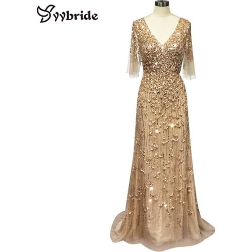 YYbride New Design V-Neck Sexy Party Skirt Full Gold Beading Evening Gown Embroidery Backless Straight Court Train Prom Dresses